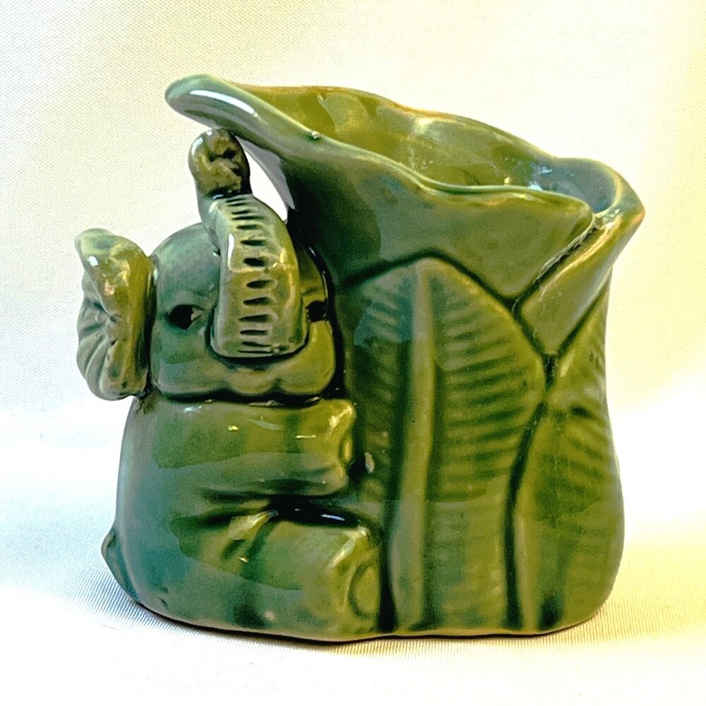 Ceramic Baby Elephant Planter Vintage Green Hugging Leaf Design 4” USA